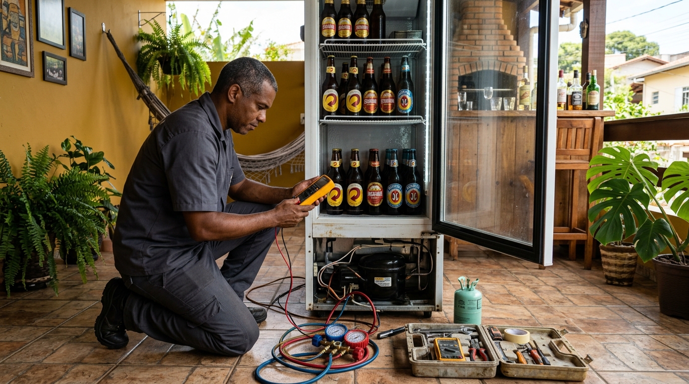 Placa eletrônica de cervejeira em reparo na bancada em Praia Grande‑SP