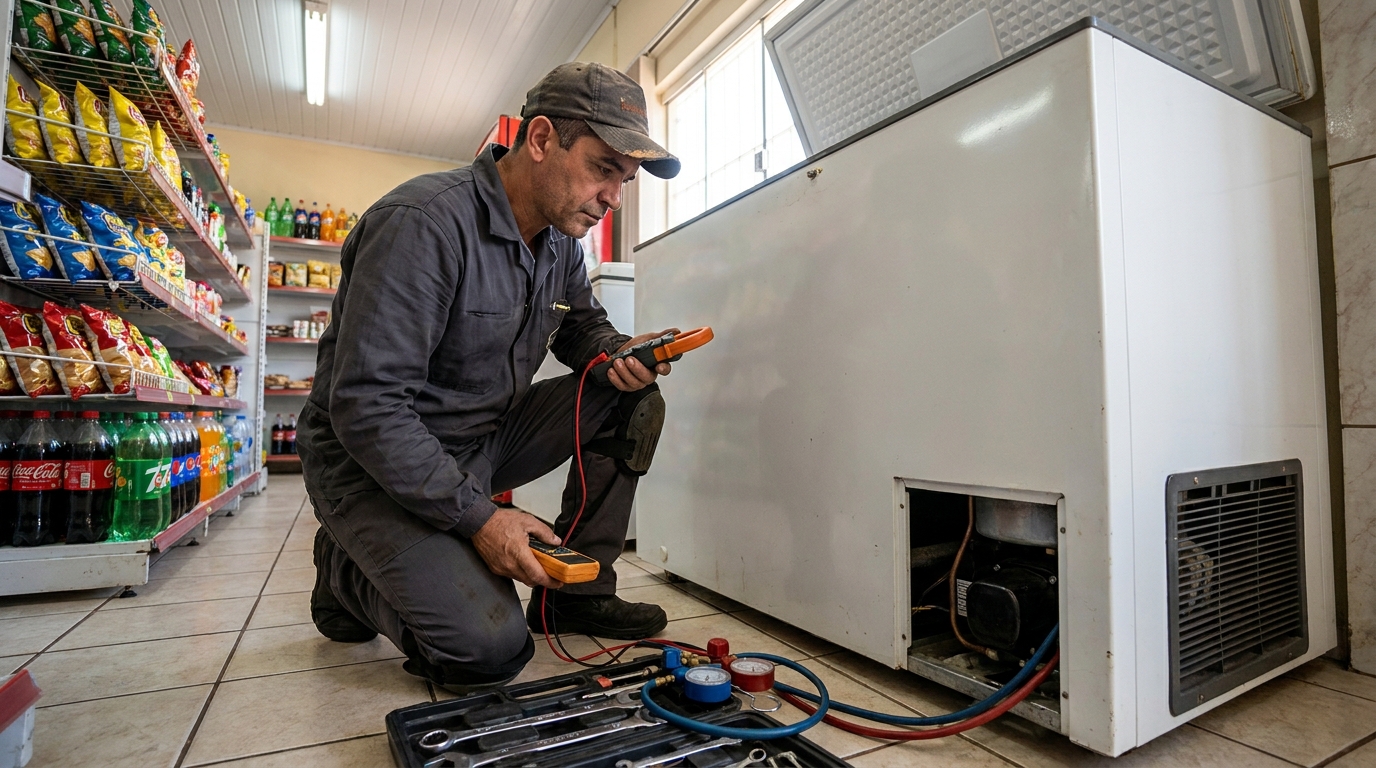 Reparo da placa eletrônica de um freezer em atendimento em Praia Grande‑SP