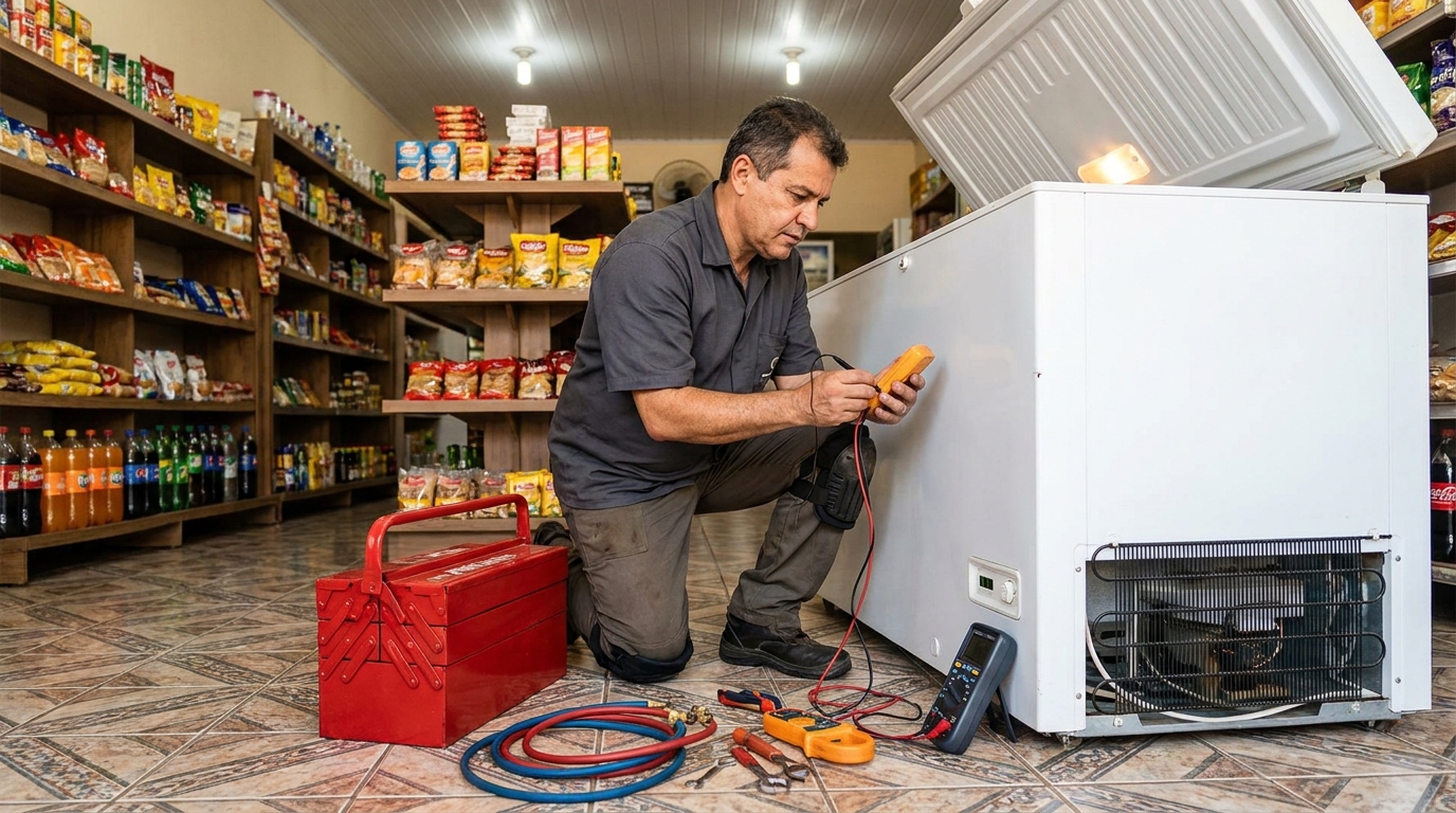 Manômetro conectado ao circuito durante recarga de gás de freezer em Praia Grande‑SP