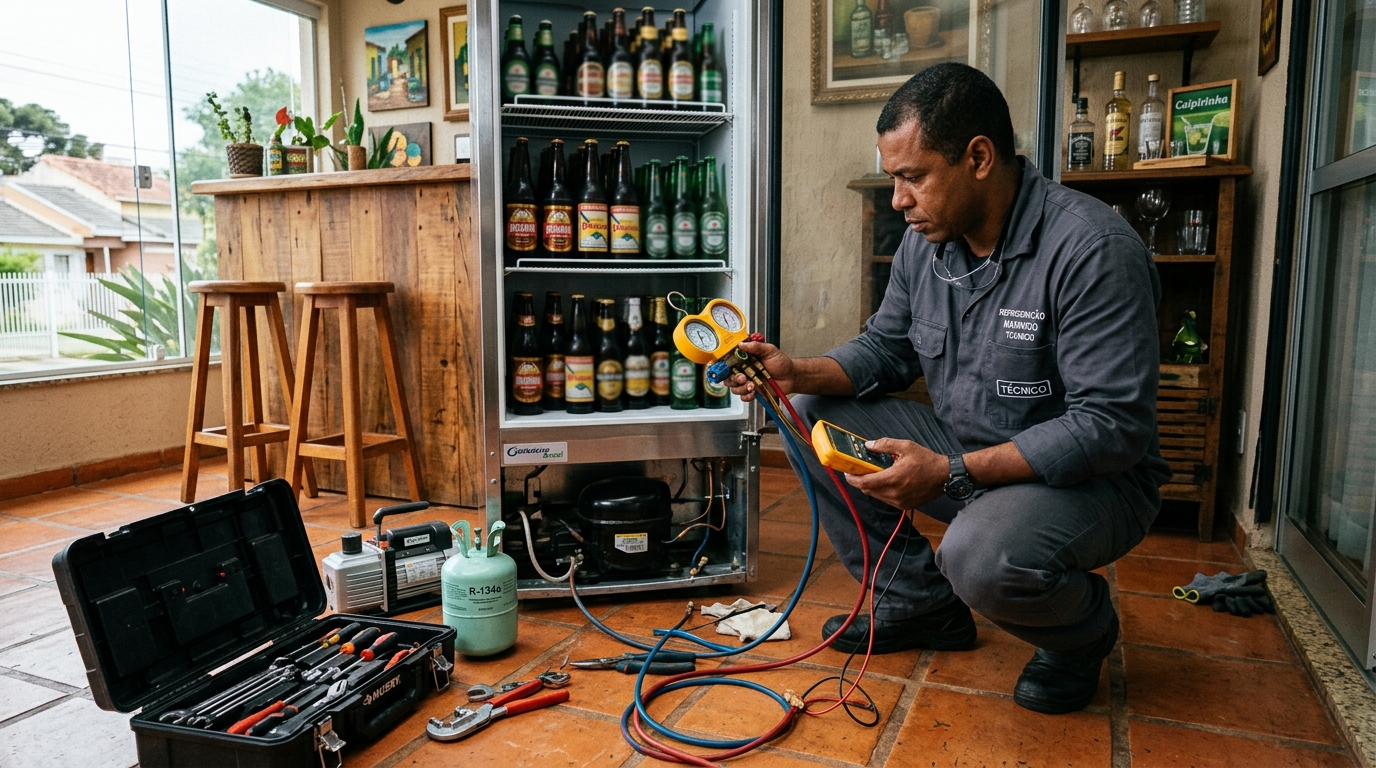 Técnico conferindo a temperatura de uma cervejeira durante atendimento em Praia Grande‑SP