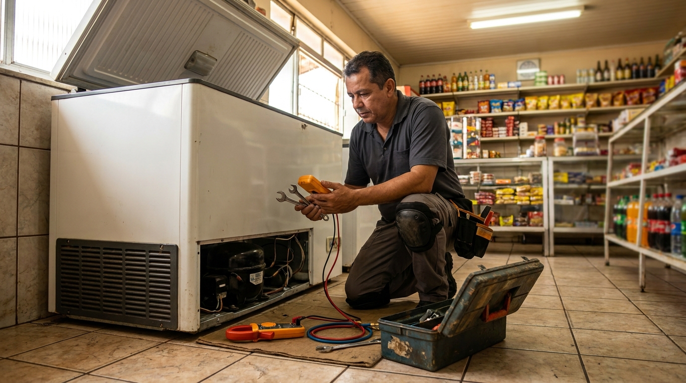 Técnico avaliando um freezer vertical durante atendimento em Praia Grande‑SP