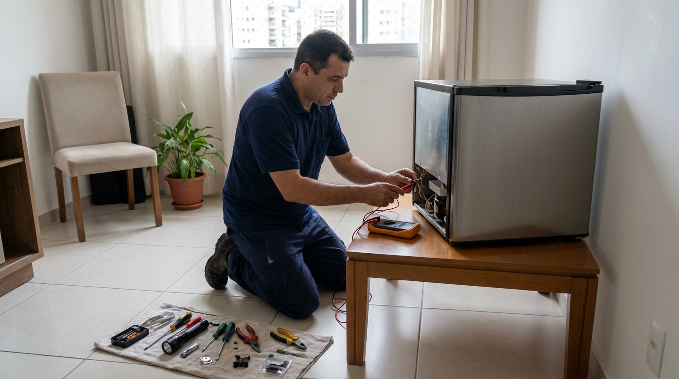 Técnico avaliando um frigobar compacto durante atendimento em Praia Grande‑SP