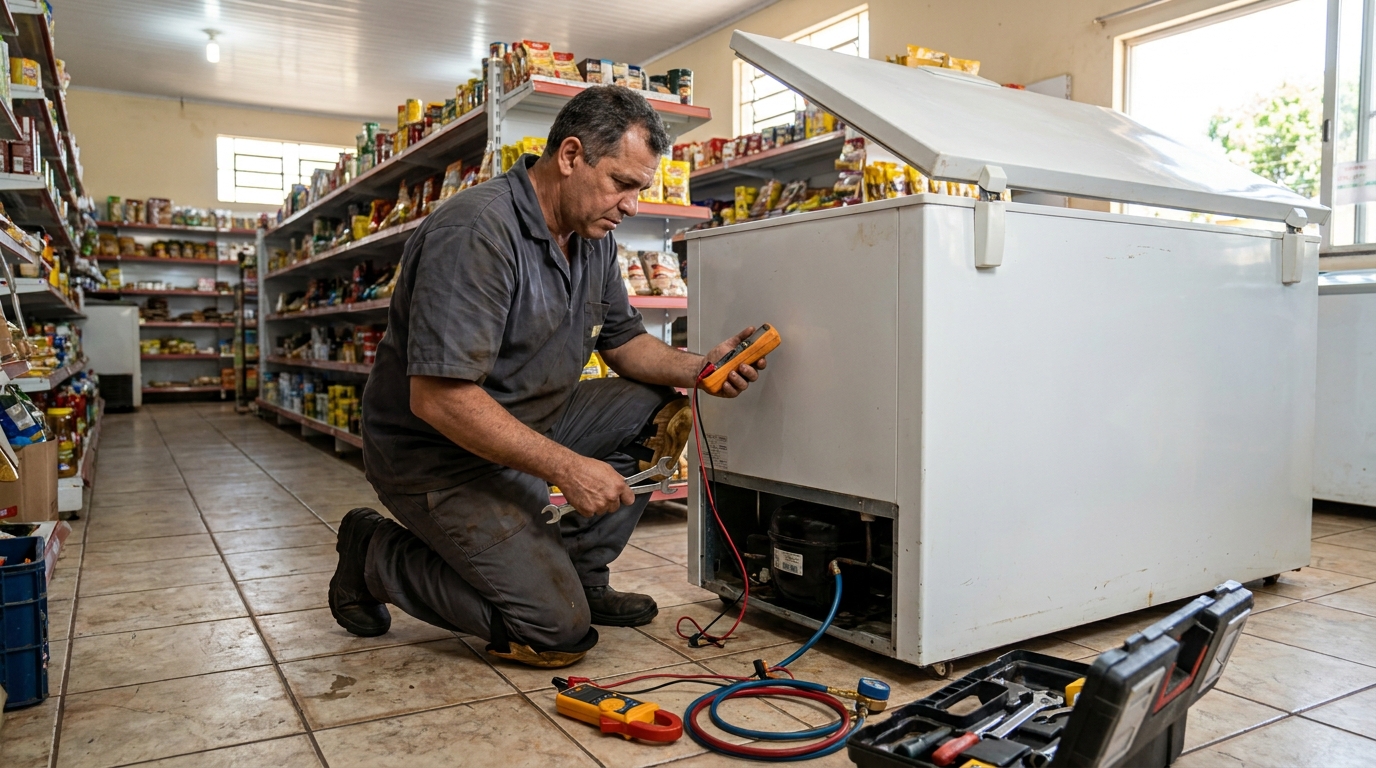 Troca de termostato de freezer em atendimento em Praia Grande‑SP